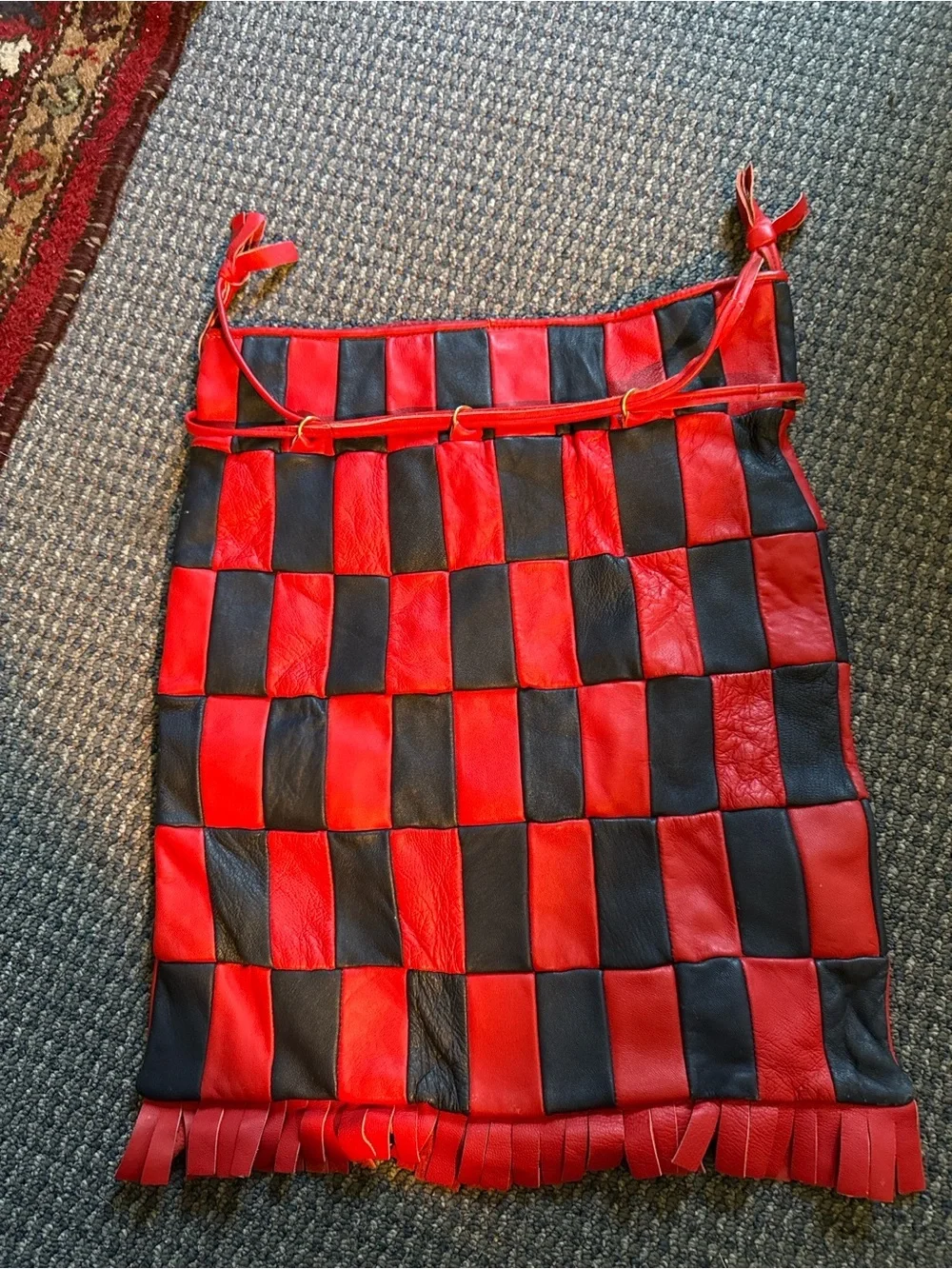 Vintage Red Black Leather Patchwork Fringe Drawstring Hobo Bag